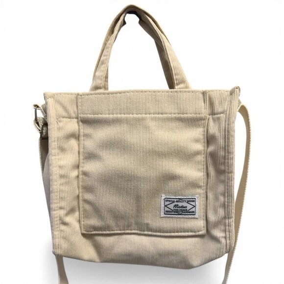 Letu Handbags - Canvas Corduroy Tote Bag Beige Snap Closure Pocket Adjustable Shoulder Strap